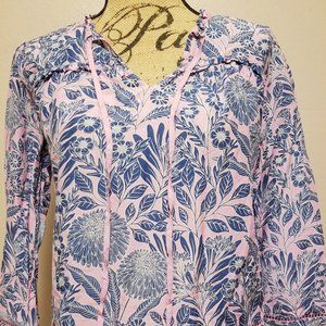 V-neck tie front 3/4 sleeve top blouse silk cotton blend